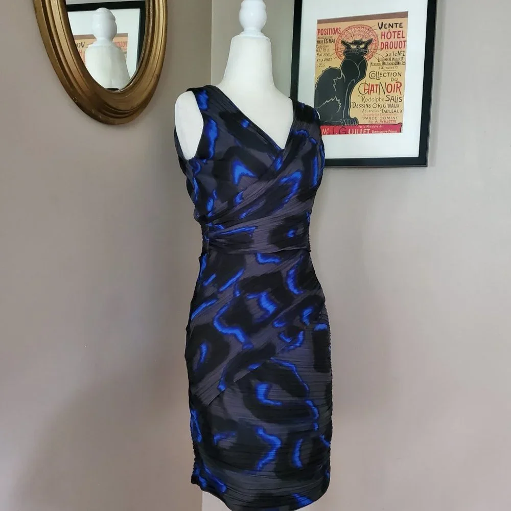 Halston Heritage Blue and Gray Pleated Dress Size 4 - Picture 5 of 16